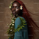 Elegant Portrait of a Woman with Flowing Red Hair and Botanical Accessories