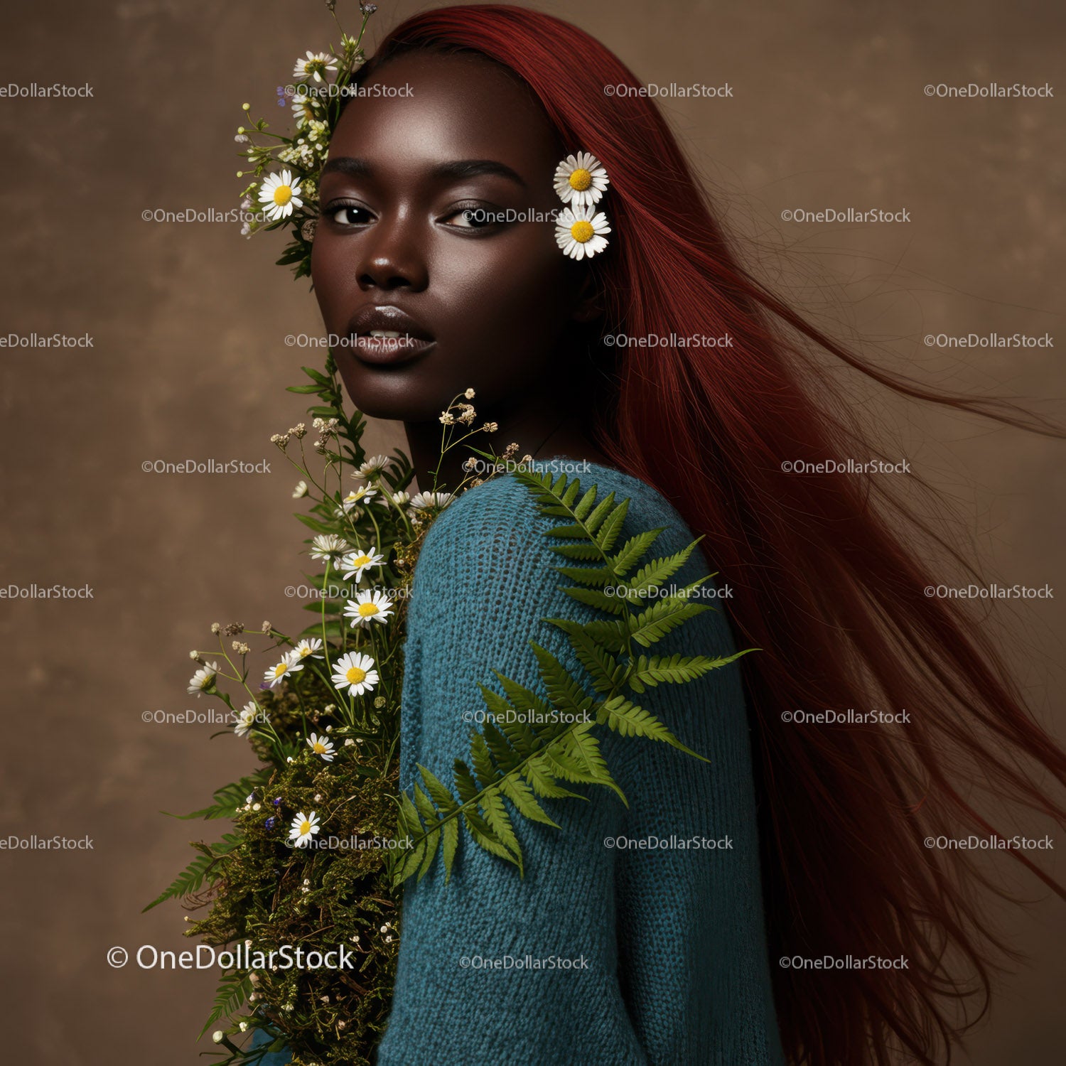 Elegant Portrait of a Woman with Flowing Red Hair and Botanical Accessories