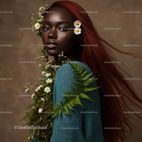 Elegant Portrait of a Woman with Flowing Red Hair and Botanical Accessories