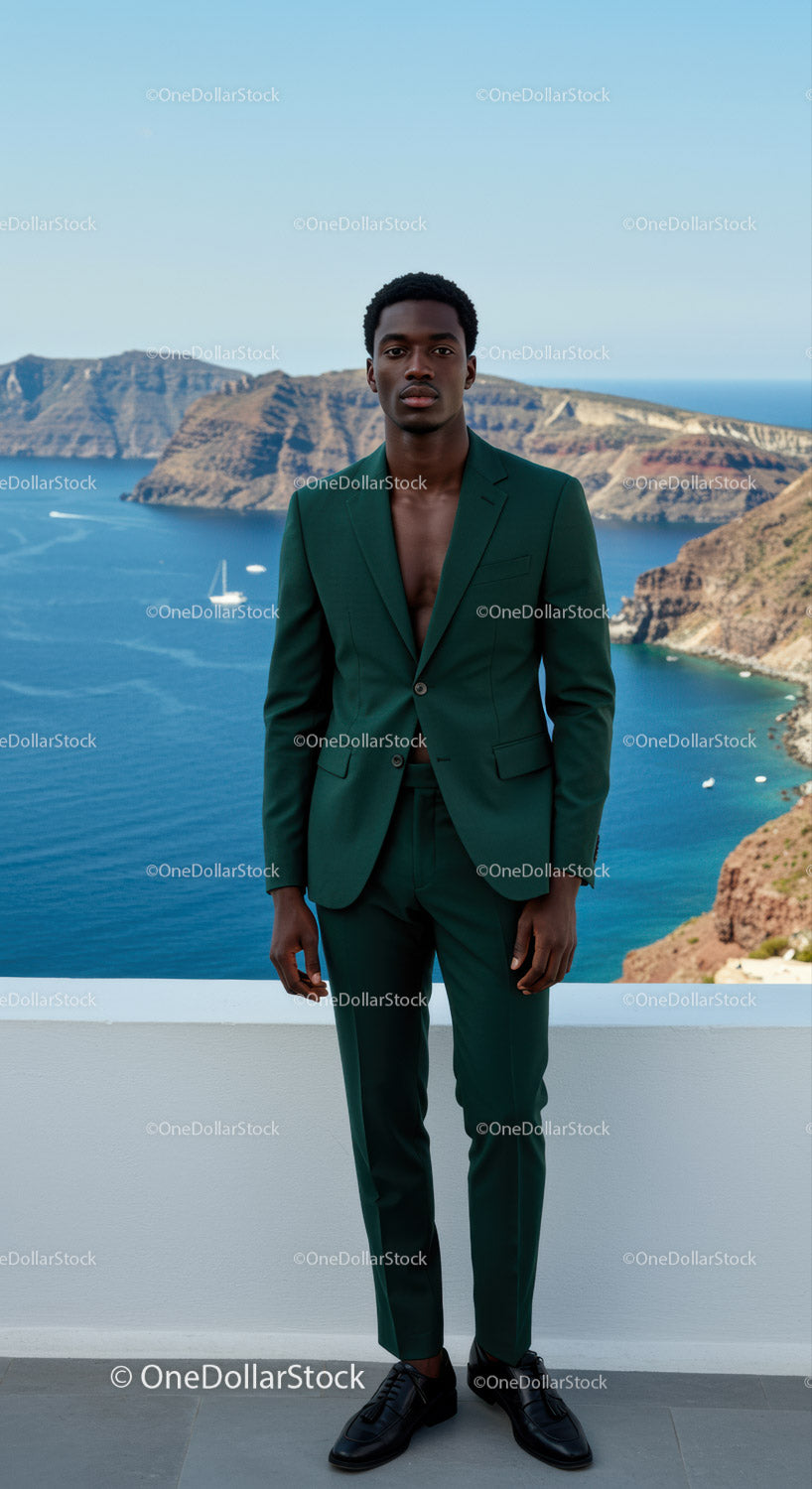 Stylish man in green suit with coastal cliff backdrop