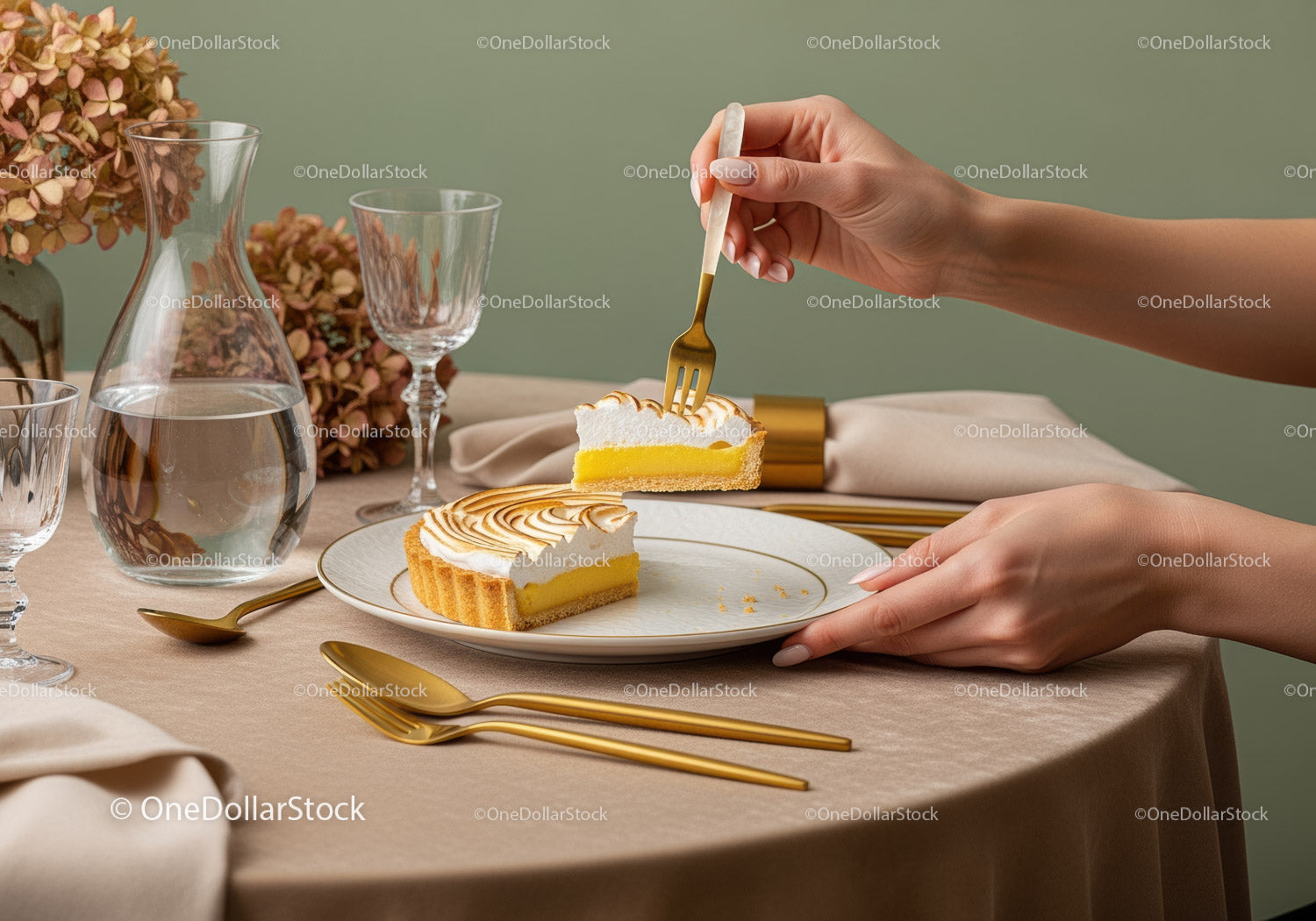 Elegant Lemon Tart Slice on Stylish Table with Gold Cutlery and Glassware