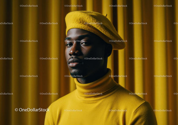 Stylish man wearing yellow beret and turtleneck sweater