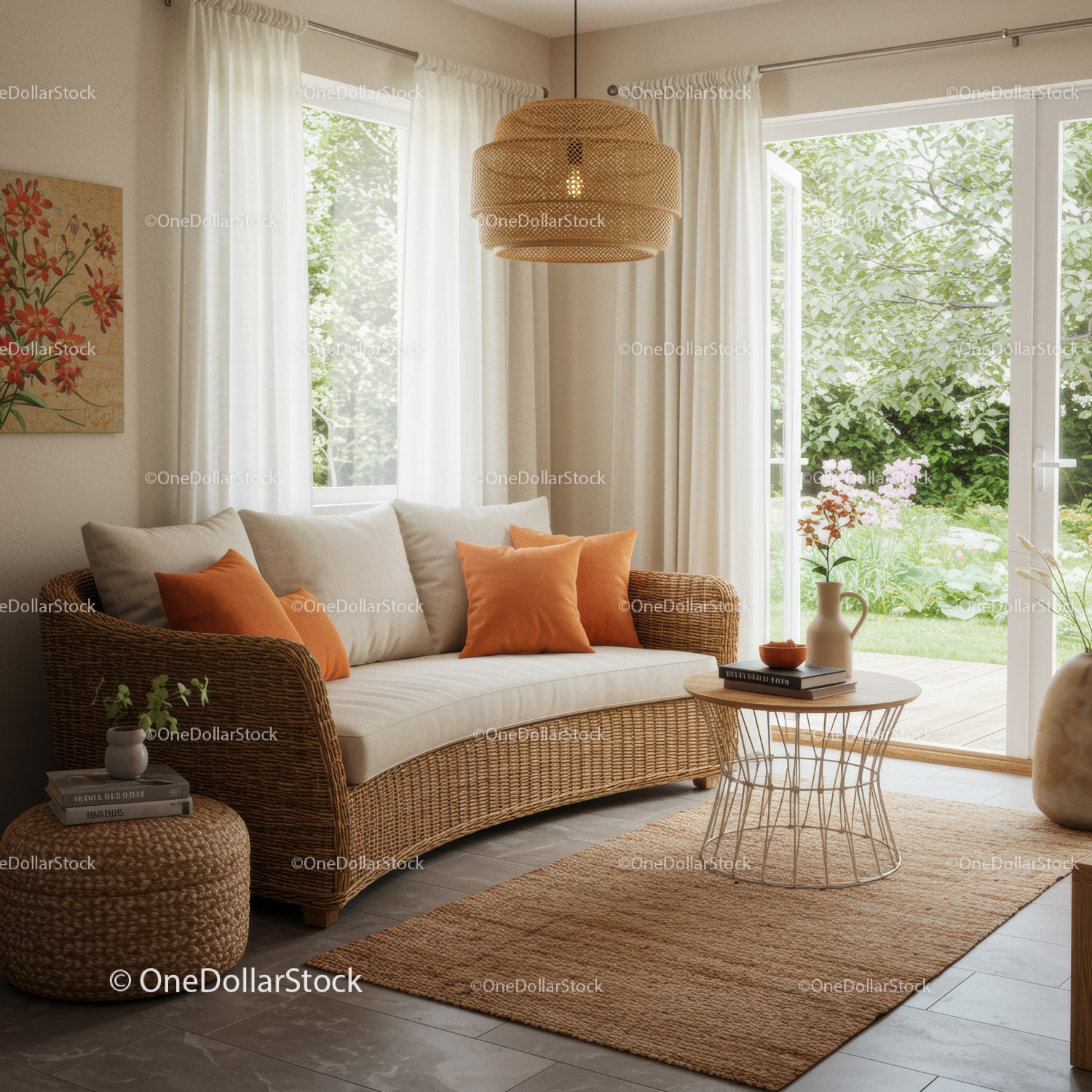 Cozy living room with rattan sofa and garden view