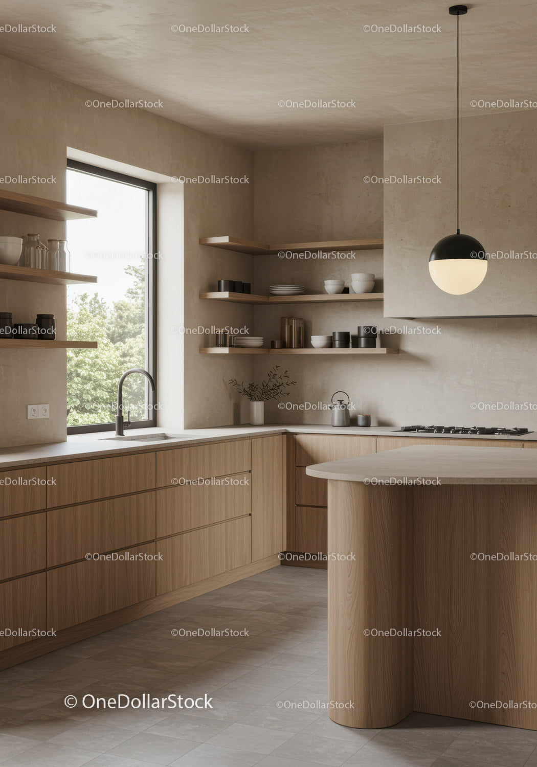 Modern Minimalist Kitchen with Wooden Cabinets and Open Shelves