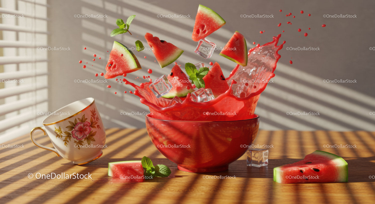Watermelon slices splashing in a red bowl with ice