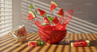 Watermelon slices splashing in a red bowl with ice