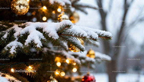Snow Covered Pine Branch with Christmas Lights and Ornaments