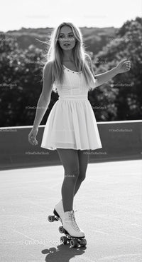Young woman roller skating outdoors in white dress