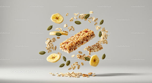 Floating granola bar with banana chips and seeds