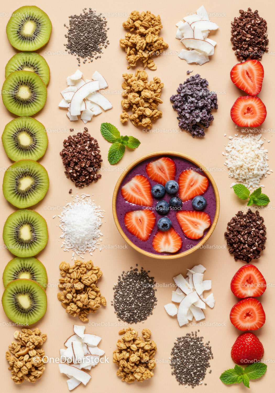 Miska smoothie ze świeżymi jagodami i zdrowymi dodatkami