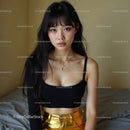Elegant Young Woman with Black Hair Wearing Stylish Sleeveless Top