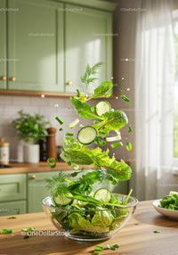 Fresh green salad ingredients flying above bowl in kitchen