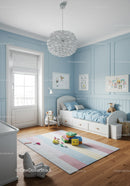 Baby Nursery with Blue Walls and Playful Toys in Cozy Interior