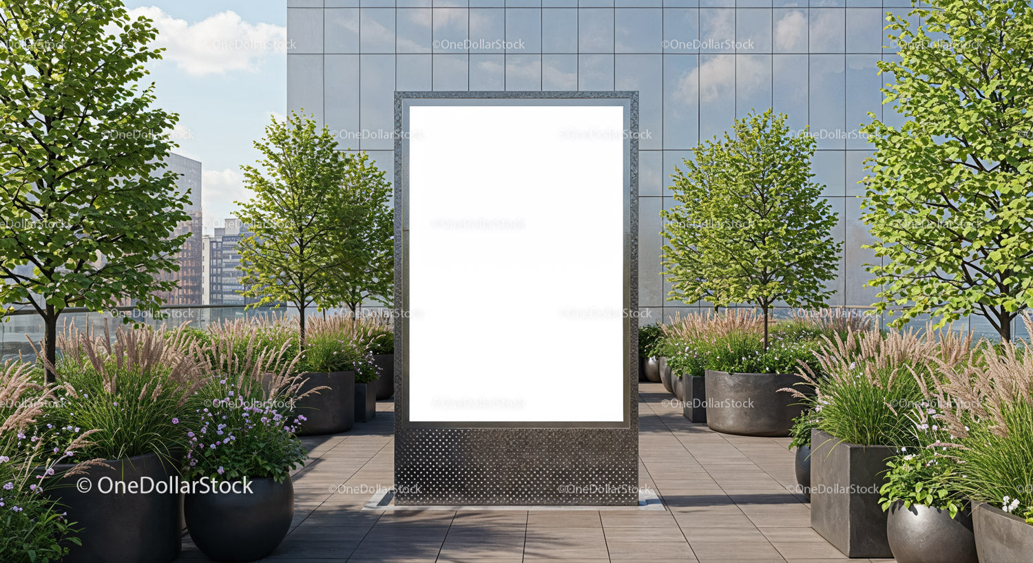 Green rooftop garden with blank vertical billboard space