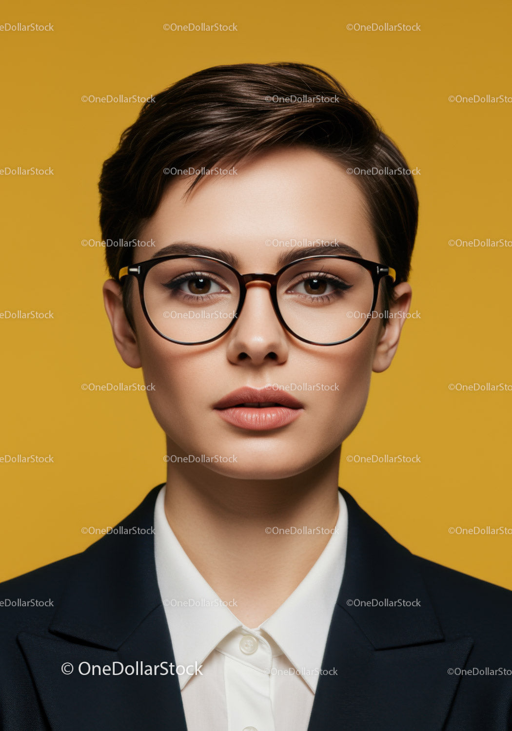 Stylish Young Woman with Short Hair and Glasses in Business Attire