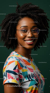 Joyful Woman with Curly Hair and Glasses Wearing Colorful Shirt