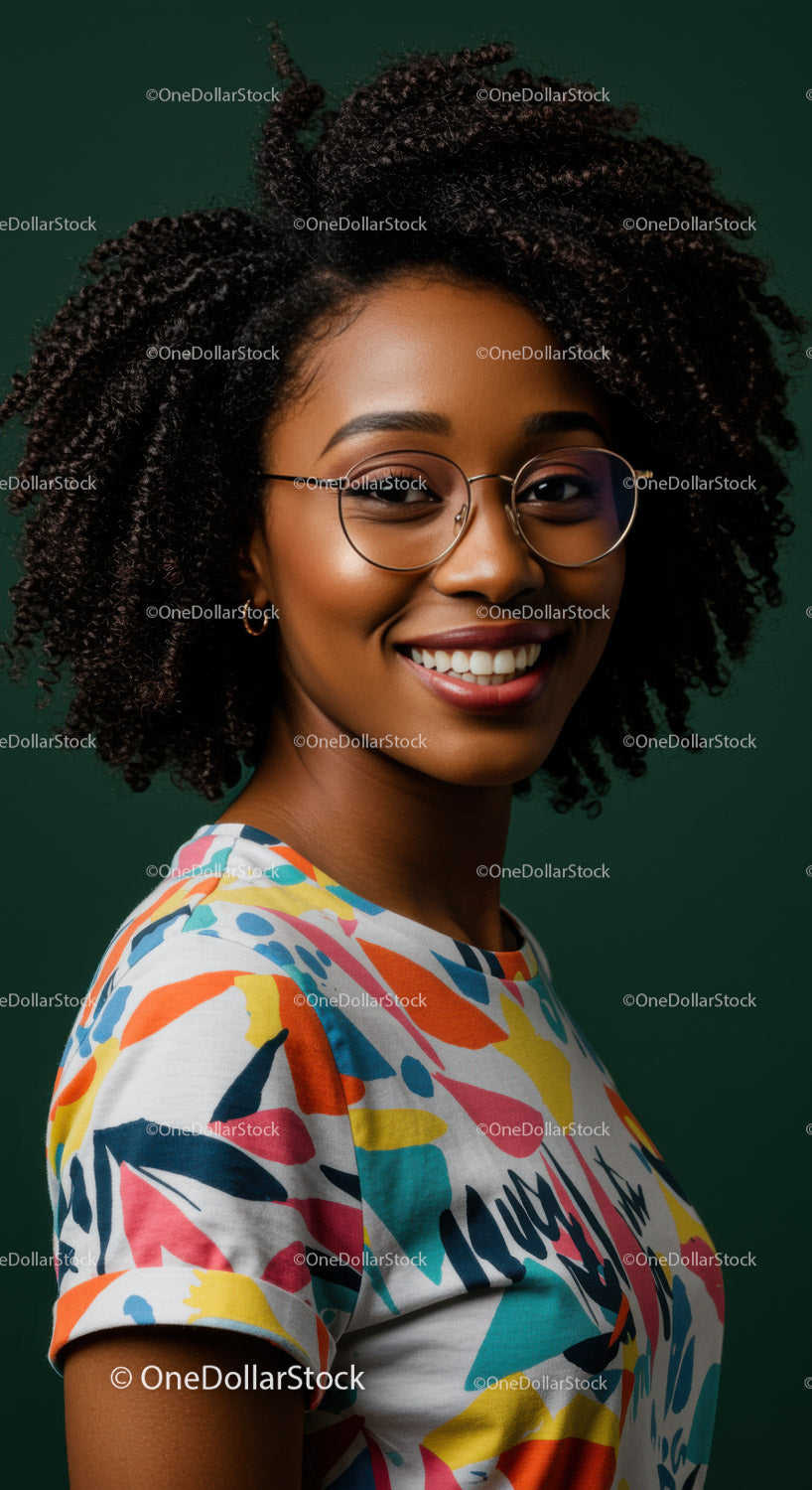 Joyful Woman with Curly Hair and Glasses Wearing Colorful Shirt