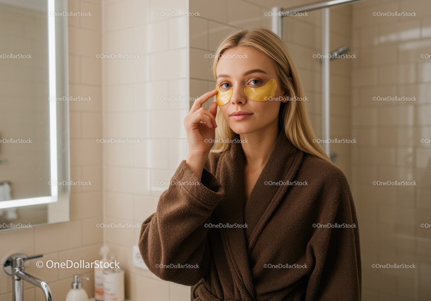 Young Woman with Eye Patches in Spa Bathroom for Facial Care