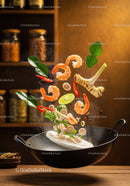 Fresh ingredients flying over black wok for Thai cooking