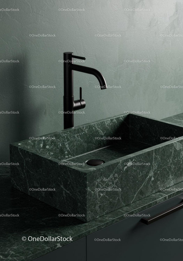 Elegancka zielona umywalka z marmuru z czarną baterią do nowoczesnych łazienek i kuchni