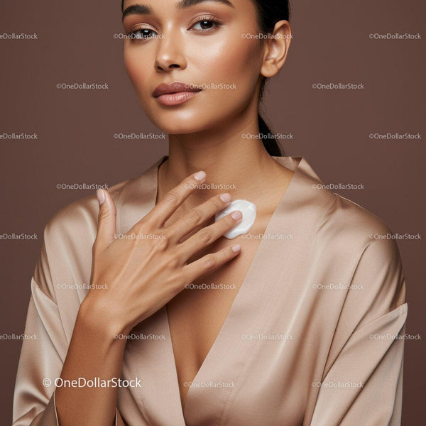 Elegant Woman Applying Moisturizer Showing Flawless Skin