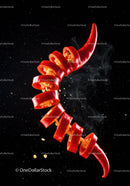 Sliced red chili pepper with flying seeds and smoke