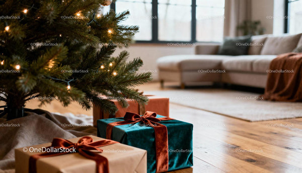 Cozy Living Room with Christmas Tree and Wrapped Gifts