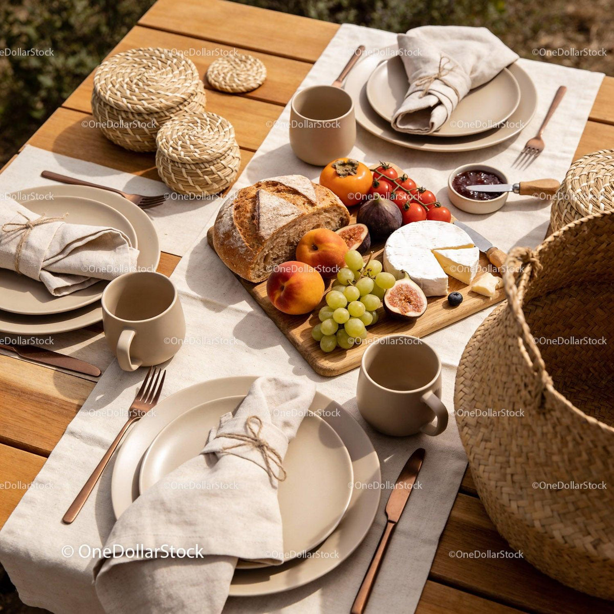 Cozy outdoor table set with fresh fruit and cheese