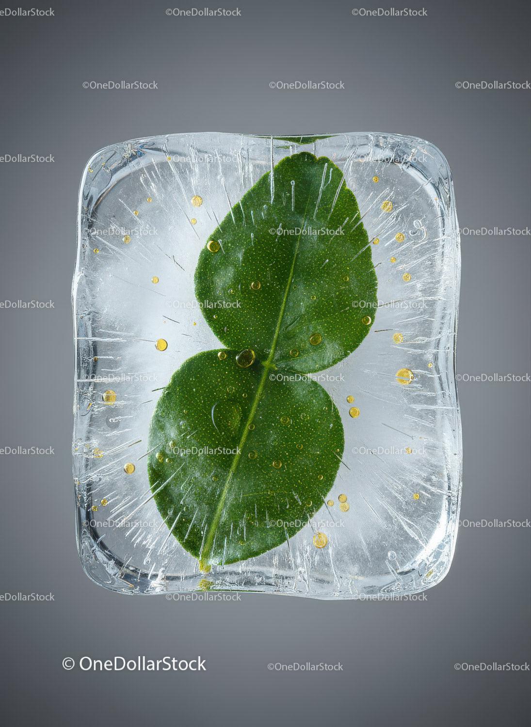 Fresh Green Leaf Encased in Clear Ice Cube