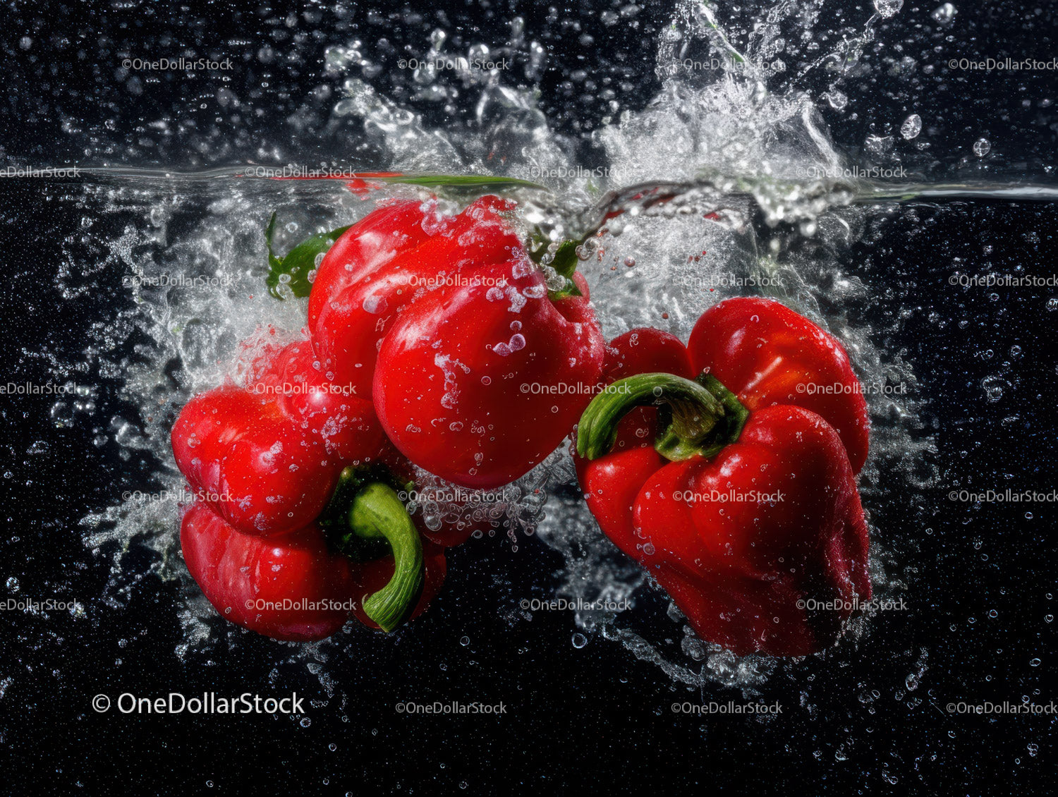 Red Bell Peppers Splash Underwater in Bright Food Photography