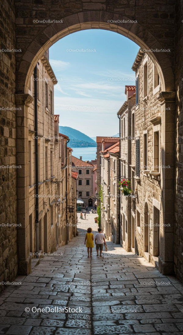 Charming Old Town Cobblestone Street with Mountain View and Coastal Setting