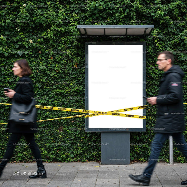 People walking past blank billboard with caution tape outdoors JPG Mockup Image