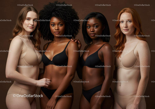 Diverse women modeling underwear in warm studio lighting