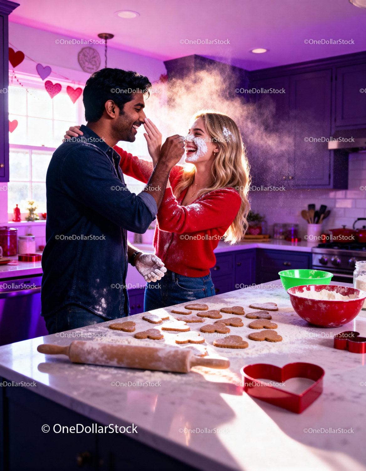 Couple playfully baking heart cookies in cozy kitchen
