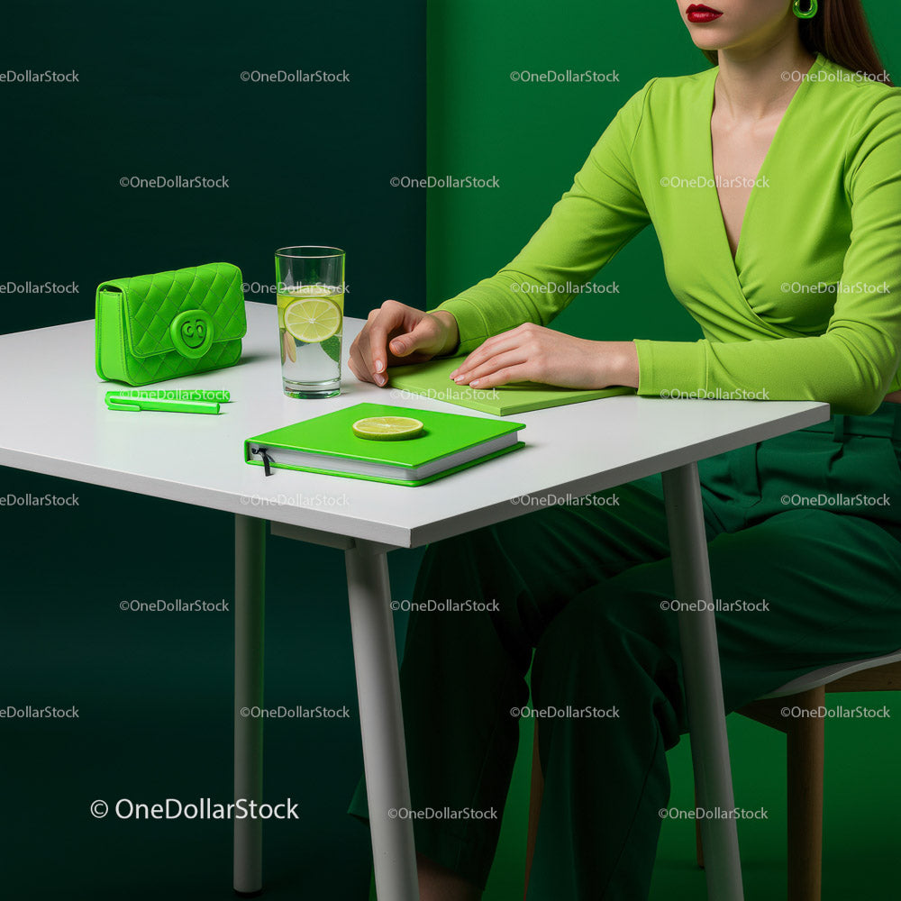 Stylish Woman in Green with Refreshing Drink in Modern Workspace