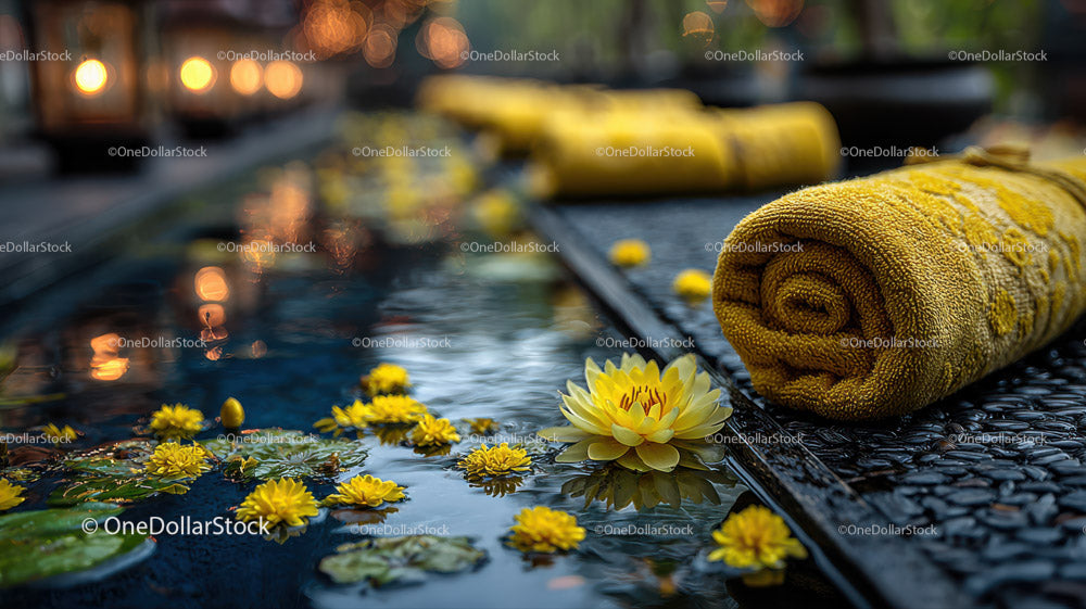 Relaxing Spa Scene with Water Lilies and Yellow Towel