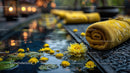 Relaxing Spa Scene with Water Lilies and Yellow Towel