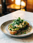 Sourdough toast with avocado mash and fresh peas