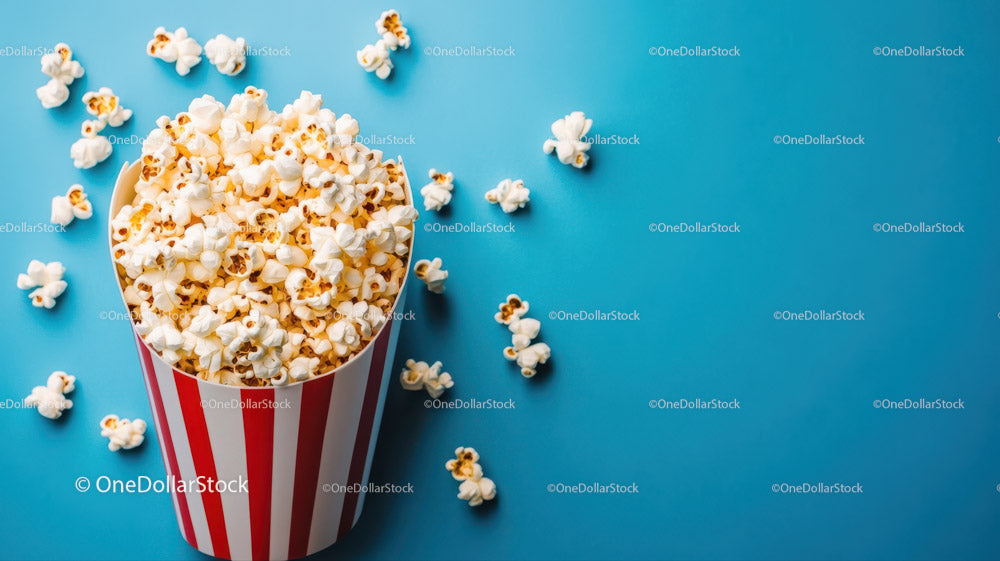 Bucket of Popcorn in Gift Bag on Bright Blue Background