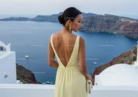 Woman in elegant dress overlooking serene ocean view