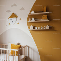 Modern Nursery Decor with Wooden Shelves and Whimsical Wall Art