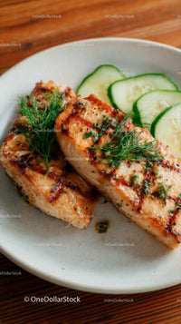 Fresh Grilled Salmon with Cucumber Garnish in White Bowl