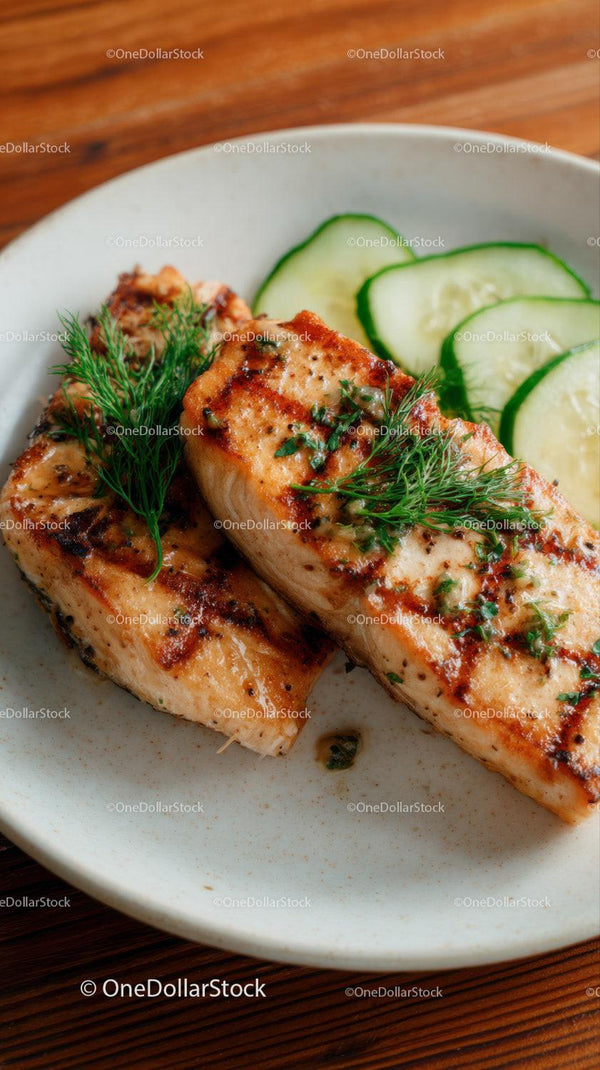 Fresh Grilled Salmon with Cucumber Garnish in White Bowl