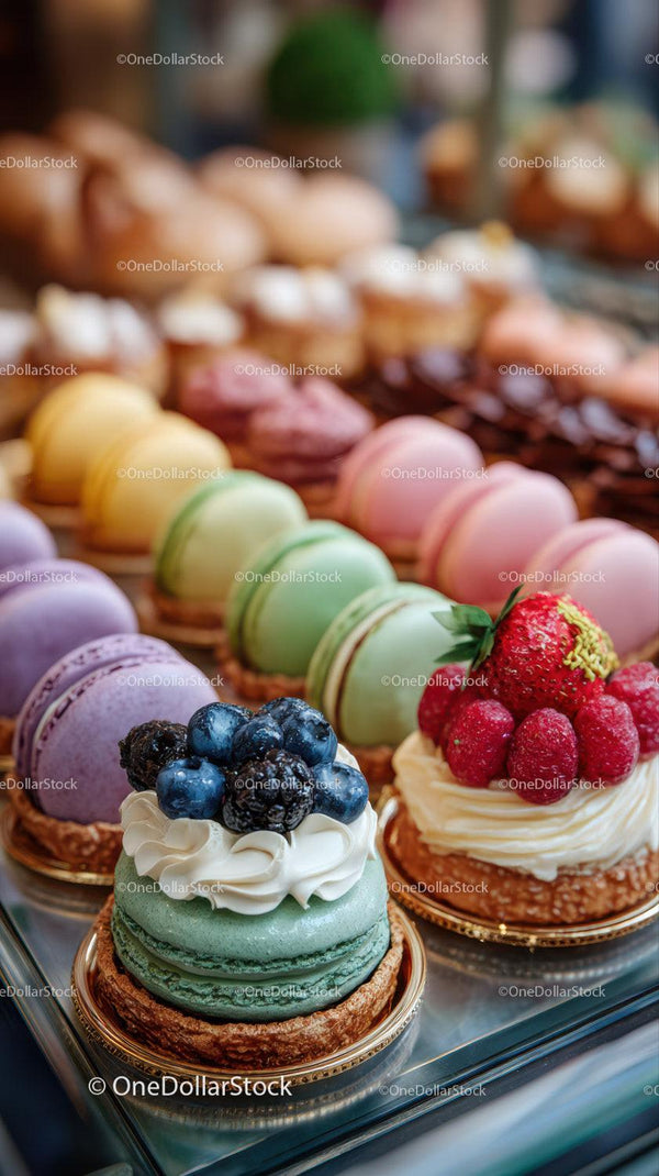 Colorful Assorted Macarons and Fruit Topped Mini Cakes Display