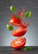 Fresh tomato slices bursting with juice and basil leaves