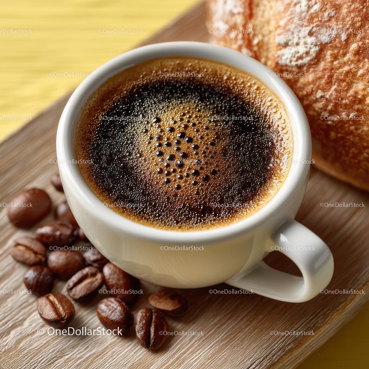 Delicious Coffee in a White Cup with Roasted Beans on Wooden Plate