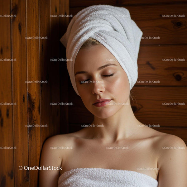 Zrelaksowana kobieta owinięta ręcznikiem w spa