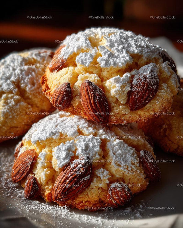Almond Cookies with Powdered Sugar and Whole Almond Topping
