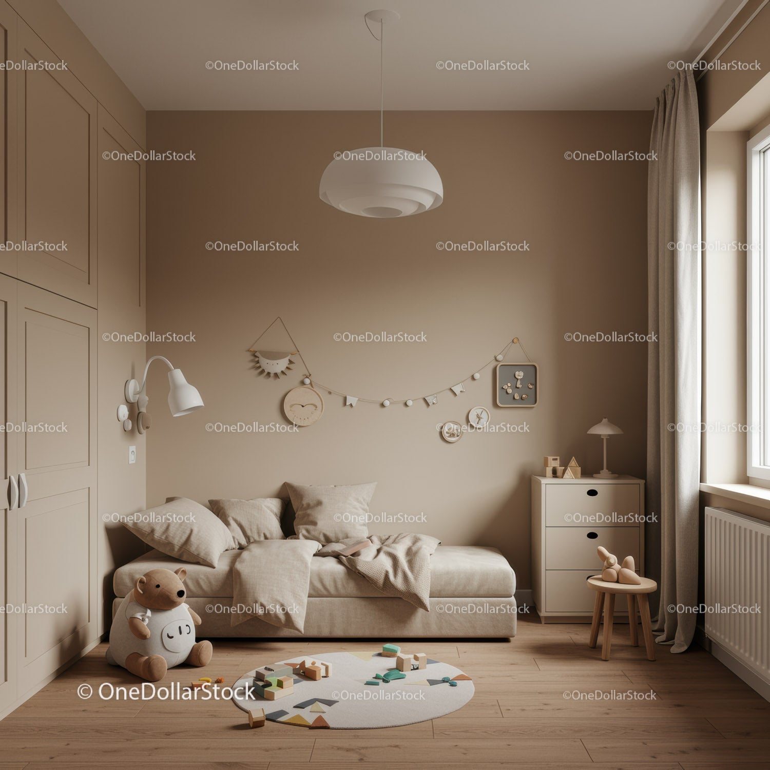 Cozy Nursery with Beige Walls and Soft Children's Toys