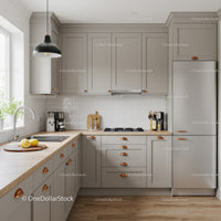 Modern Kitchen with Gray Cabinets and Copper Handles in Bright Home Environment